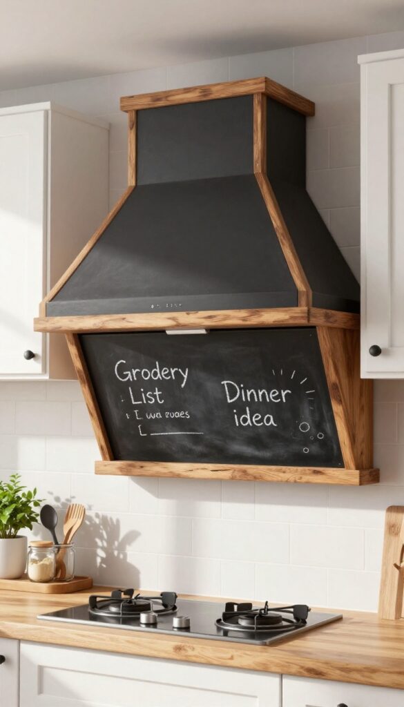 Farmhouse kitchen range hood with chalkboard panel for notes, framed in reclaimed wood, with white cabinets and gray backsplash.