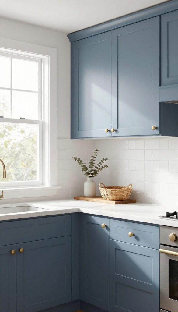 Slate blue lower cabinets with white upper cabinets in a bright kitchen, warm wood accents and matte brass hardware