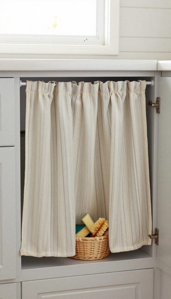 Camper kitchen sink with a short striped curtain under the sink hiding a storage basket with sponges