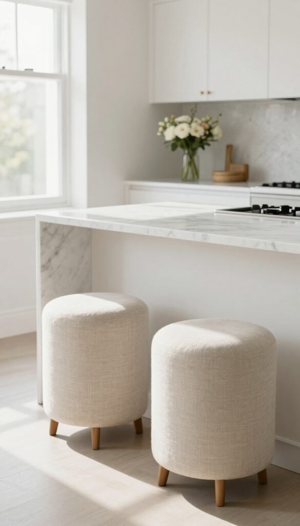 Two upholstered counter stools in light beige linen at a white marble kitchen island, bright natural light, airy and relaxed feel.