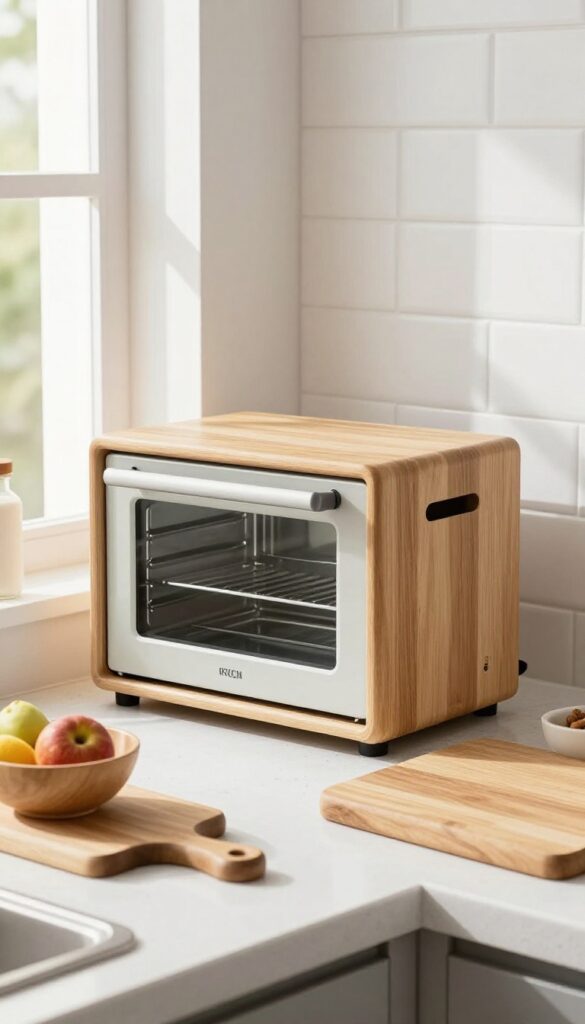 Light oak bread box on kitchen counter with toaster oven inside, cutting board and fruit on top, bright natural light