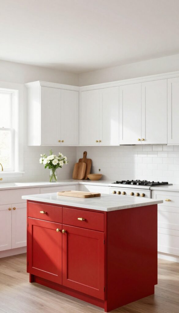 Bright kitchen with white cabinets and a glossy red kitchen island as focal point