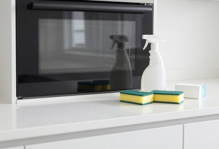 Sparkling clean oven interior with cleaning supplies on counter