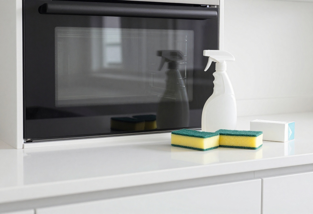 Sparkling clean oven interior with cleaning supplies on counter