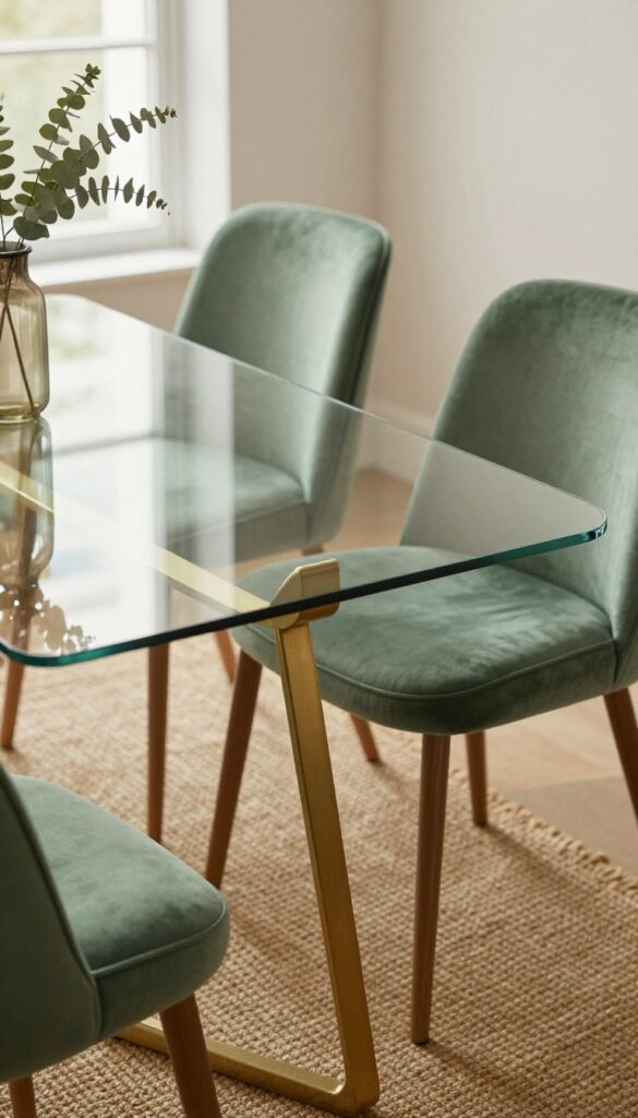 Glass top dining table with sage green velvet chairs and jute rug in a bright kitchen