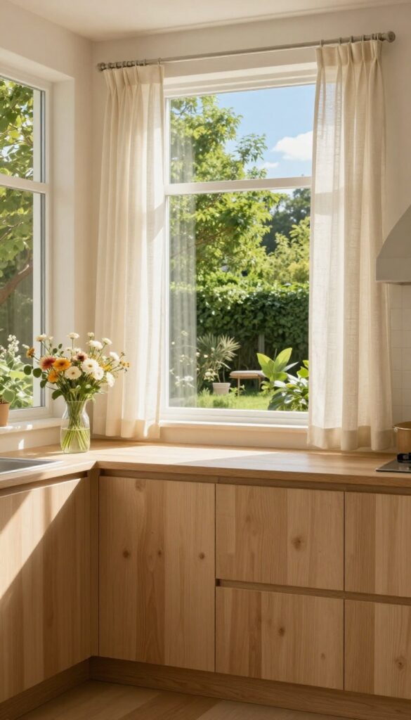 Kitchen with linen curtains framing a garden view, warm natural light
