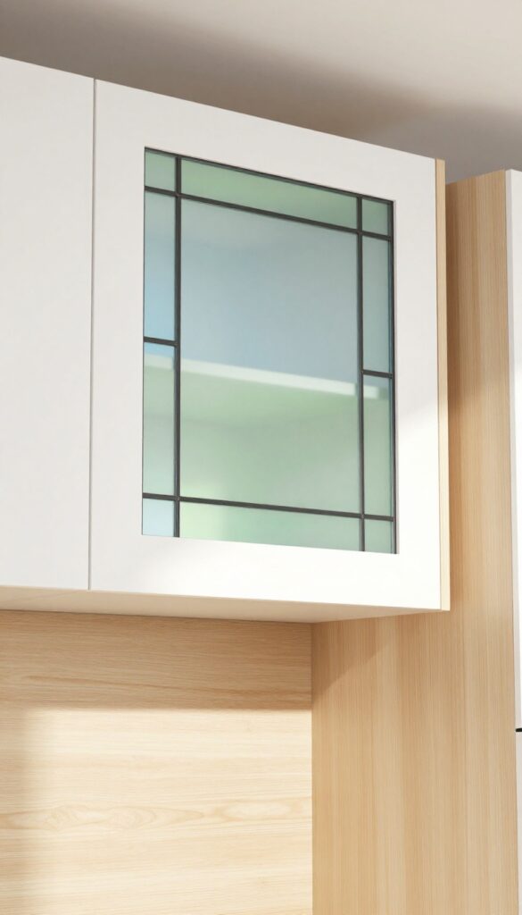 White kitchen cabinet with a stained glass insert door in pale blue and green, catching sunlight and casting colorful light on the countertop.