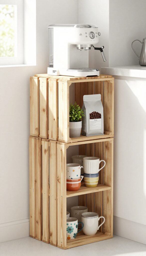 Stacked wooden crates forming a vertical coffee station with mugs, pods, and an espresso machine on a butcher block top, in a bright kitchen corner.