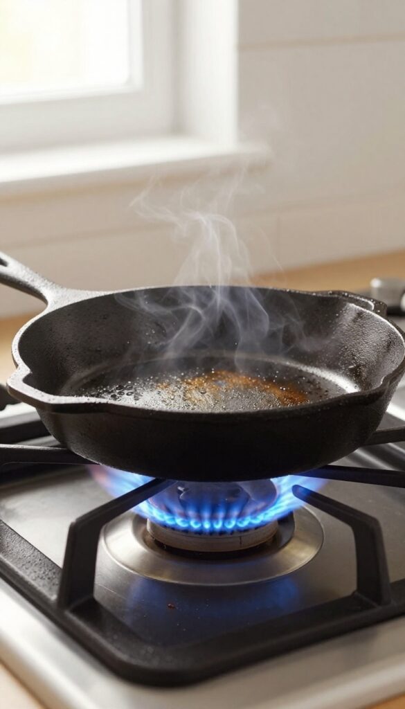 Cast iron skillet drying on a low flame on a gas stove, with steam rising, in bright natural light.