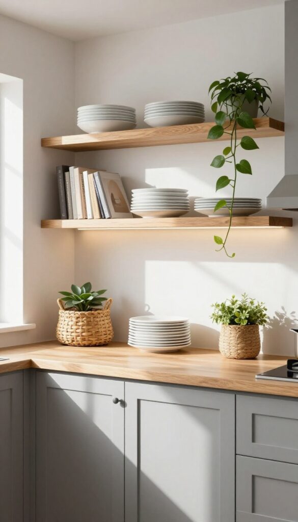 White and grey kitchen with open oak shelving, white dishes, cookbooks, woven basket, and trailing plant, warm under-shelf lighting.