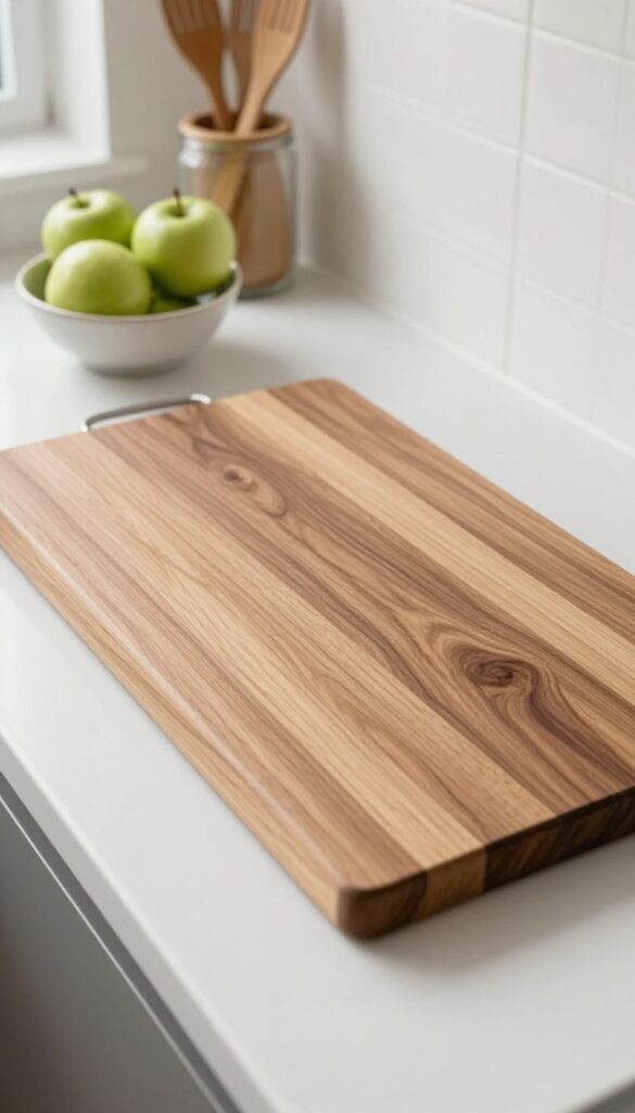 Large wooden cutting board centerpiece on kitchen counter with bowl of apples and utensil jar
