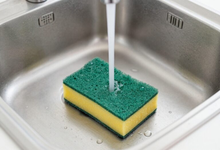 Clean shiny stainless steel sink with water droplets and cleaning tools