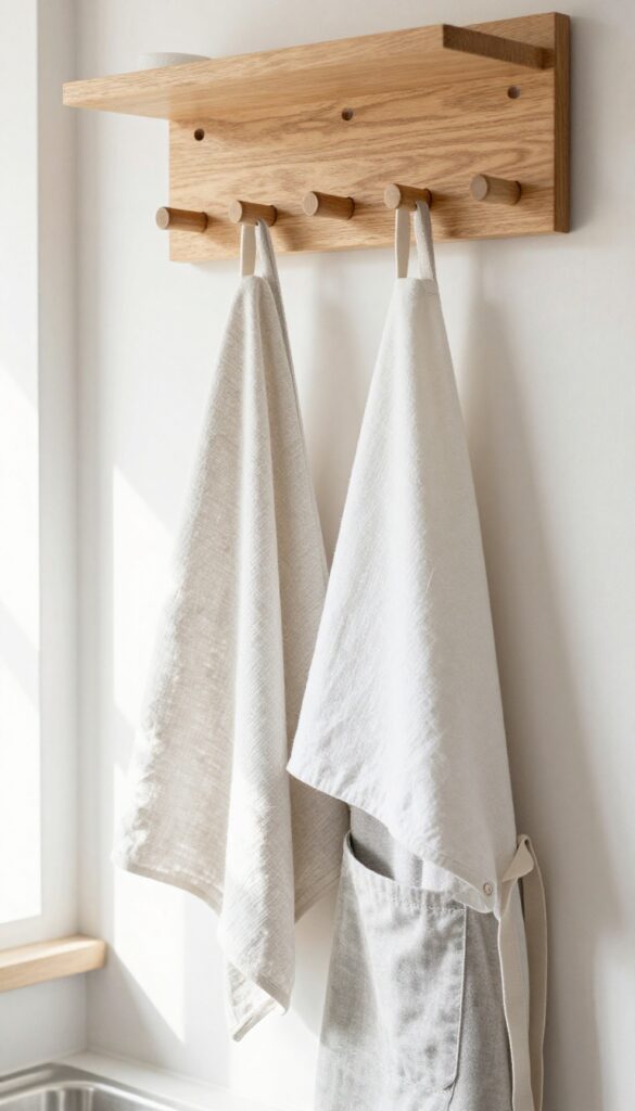 Pegboard with rolled towels and apron near kitchen sink, bright natural light, clean composition.