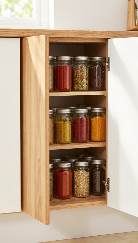 Inside of a kitchen cabinet door with a mounted spice rack holding colorful spice jars, organized and accessible.