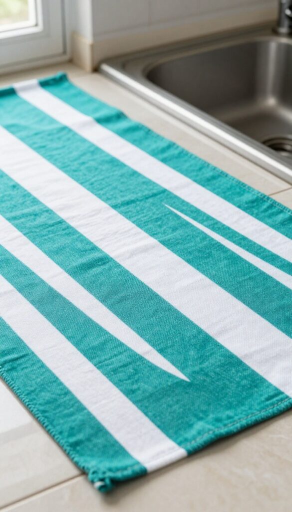 Bright cotton runner on kitchen floor in front of sink, adding color and warmth
