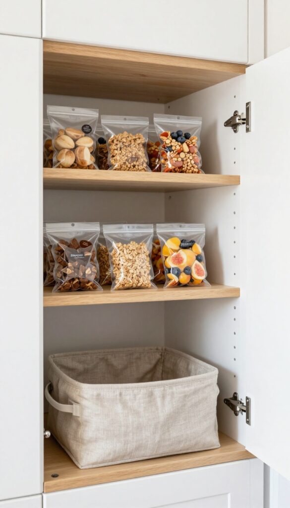 Collapsible fabric bin on bottom shelf of RV pantry holding snacks