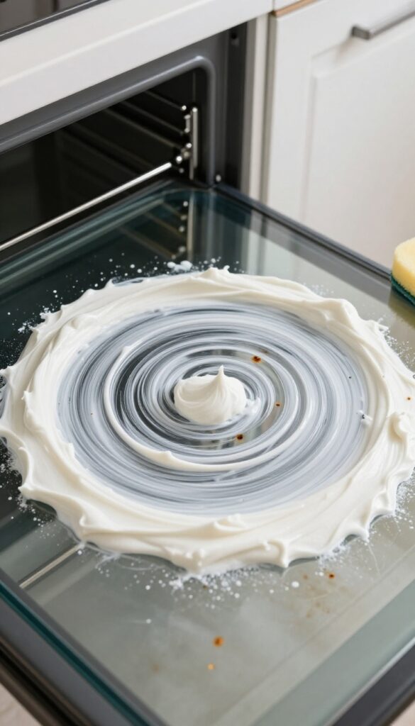 Lemon juice and borax scrub paste on a glass oven door, with a sponge, bright natural light, kitchen cleaning scene.