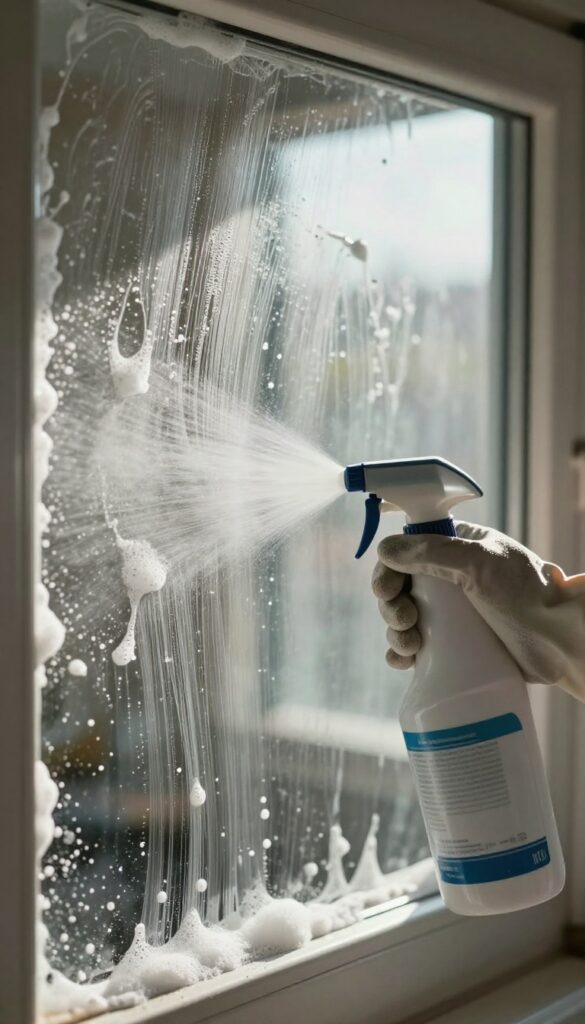 Gloved hand spraying commercial oven cleaner on a dirty oven glass window