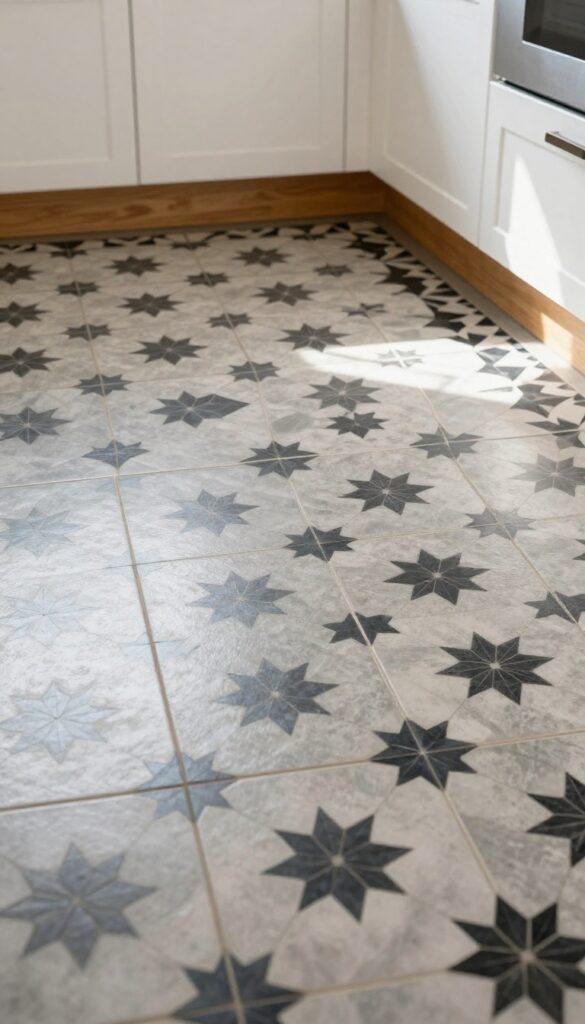 Geometric grey and black patterned tile floor in a modern kitchen with neutral cabinets and warm wood island