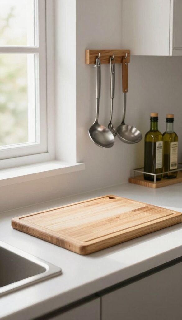 Kitchen pegboard near prep zone with utensils on hooks and small shelf for oils