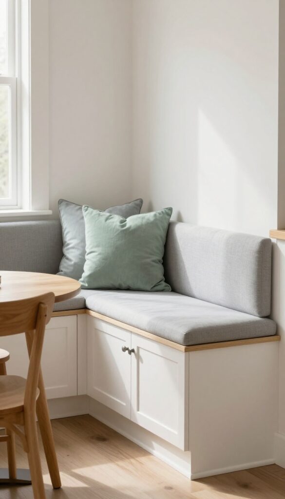 A cozy kitchen dining nook with a built-in banquette made from stock white shaker cabinets, topped with a gray foam cushion, a small wooden table, and soft natural light.