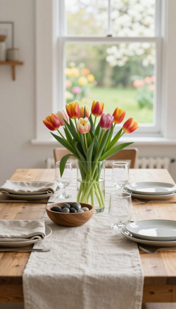 A kitchen dining table with seasonal spring decor, featuring a wooden bowl, linen runner, and fresh tulips in a glass vase.