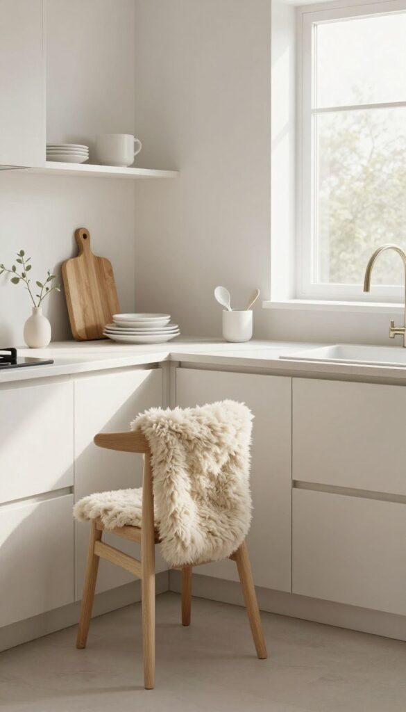 Scandinavian minimalism kitchen with sheepskin throw, matte white dishes, open shelving, and warm natural light