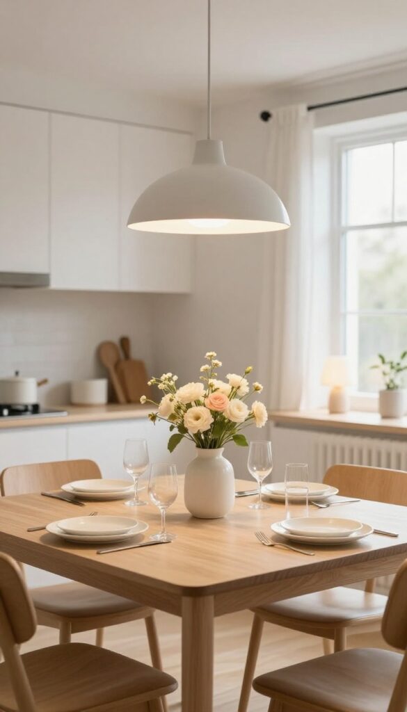 Kitchen dining table with layered lighting from a pendant lamp and a table lamp, set for a family meal, warm and inviting atmosphere.