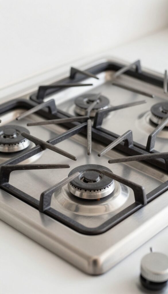 Stove with burner caps and grates removed, showing burner base and soaking parts in soapy water