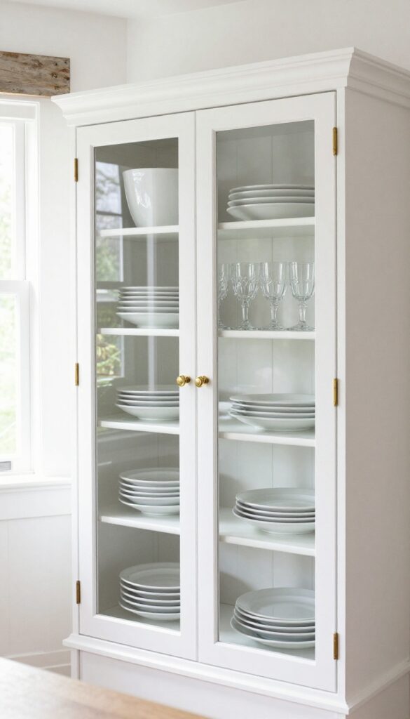 Glass-front cabinet over range hood displaying white dishes and glassware in a bright farmhouse kitchen