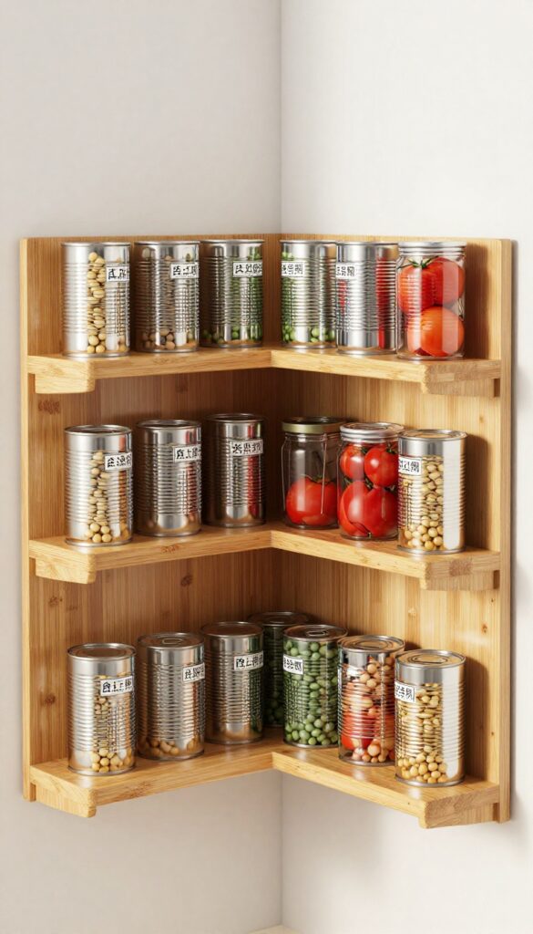 A bamboo lazy Susan on a corner pantry shelf with neatly grouped cans and jars, bathed in warm natural light.