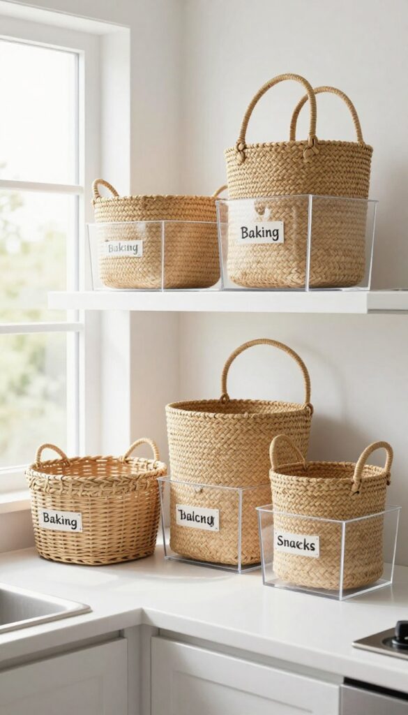 Open shelving in a bright kitchen with labeled woven and clear baskets for organized pantry storage.