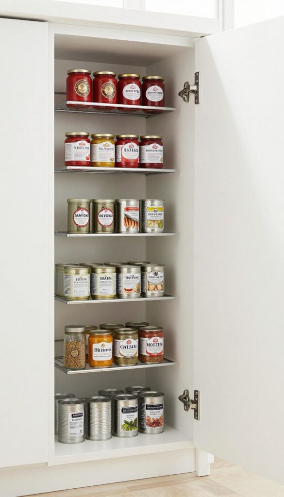 Magnetic spice rack on pantry door holding small metal cans