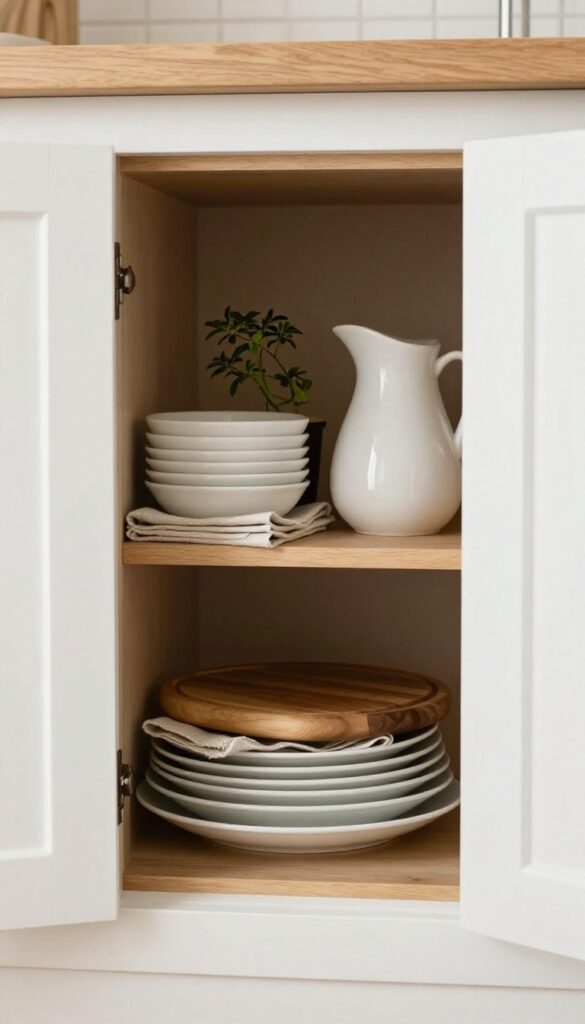 Open shelving inside a kitchen cabinet door frame with white dishes, wooden cutting board, linen napkins, plant, and pitcher, styled neatly.