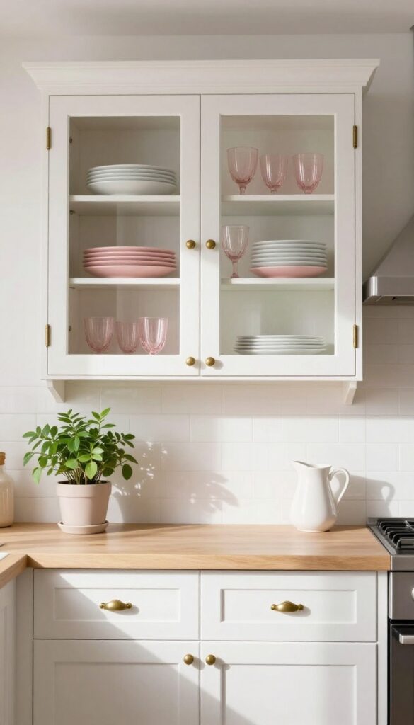 Shabby chic kitchen with glass-front upper cabinets painted pale pink inside, displaying white dishes and glassware, with closed cabinets below and natural light.