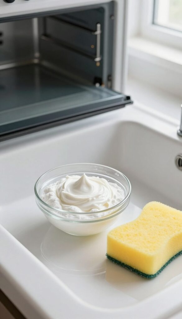 Baking soda and dish soap paste in a bowl with a sponge, ready to clean oven grease