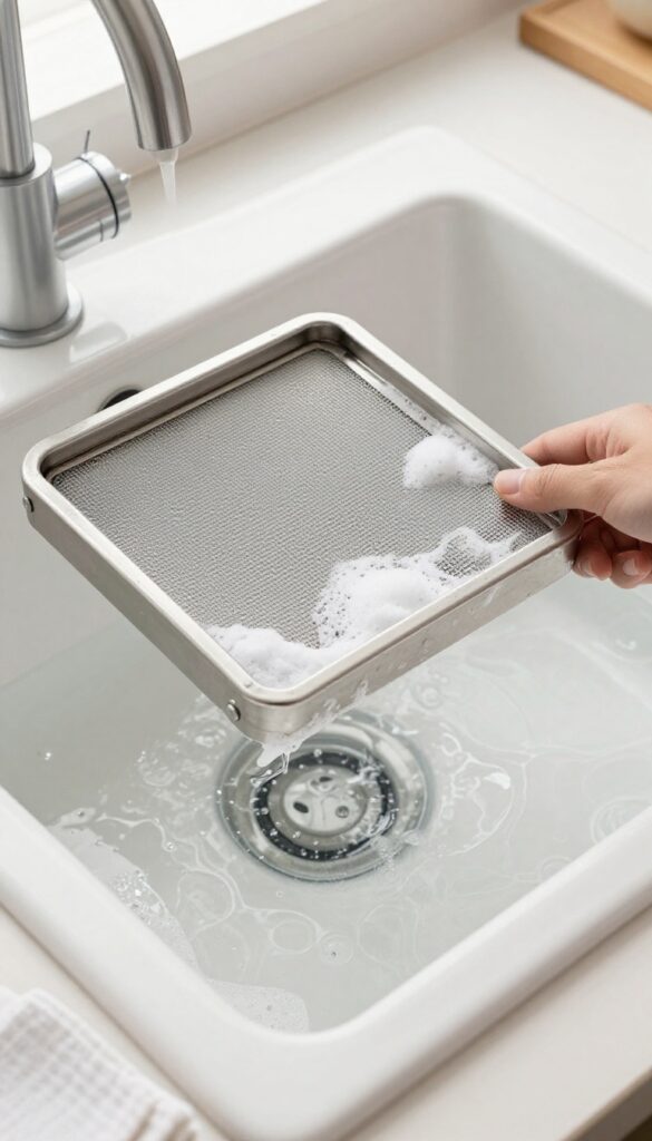 Cleaning a range hood filter by soaking it in hot water and baking soda in a kitchen sink.