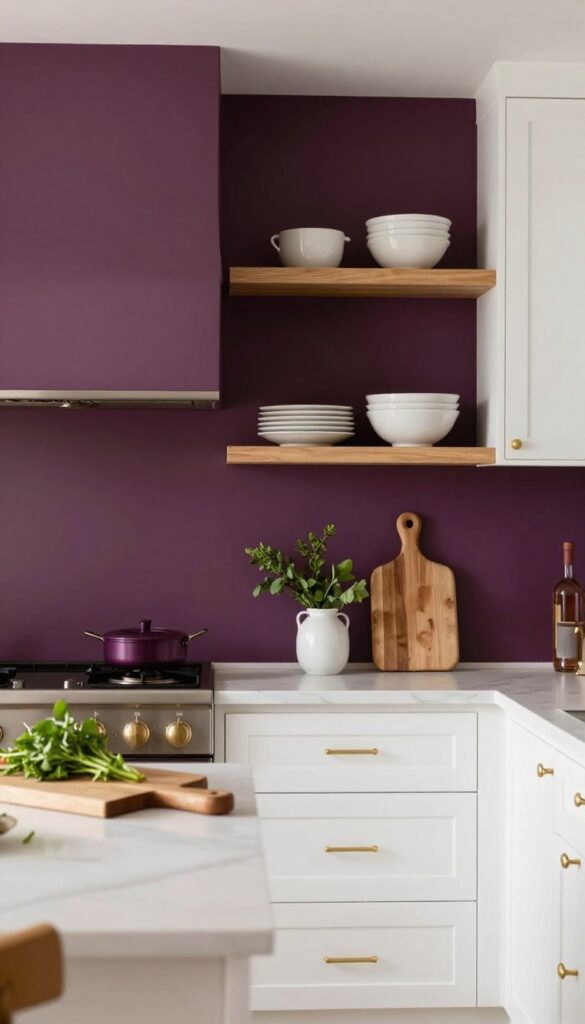 Kitchen with deep plum accent wall, white cabinets, brass hardware, and natural light.