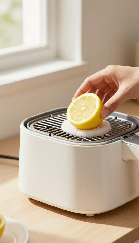 Cleaning an air fryer basket with a lemon half as a natural degreaser