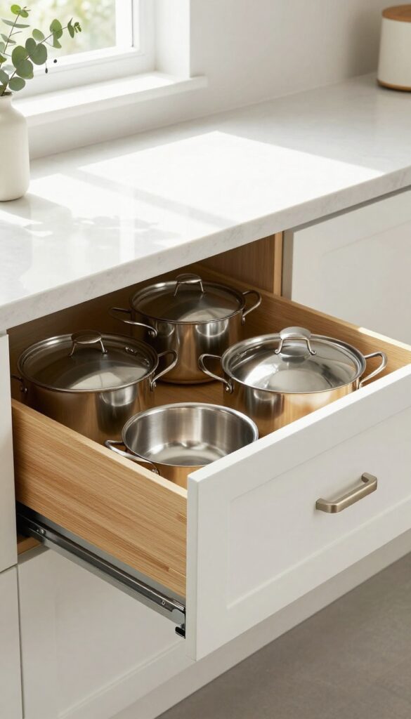Deep drawers in a kitchen island open to reveal organized pots, pans, and lids with vertical dividers.