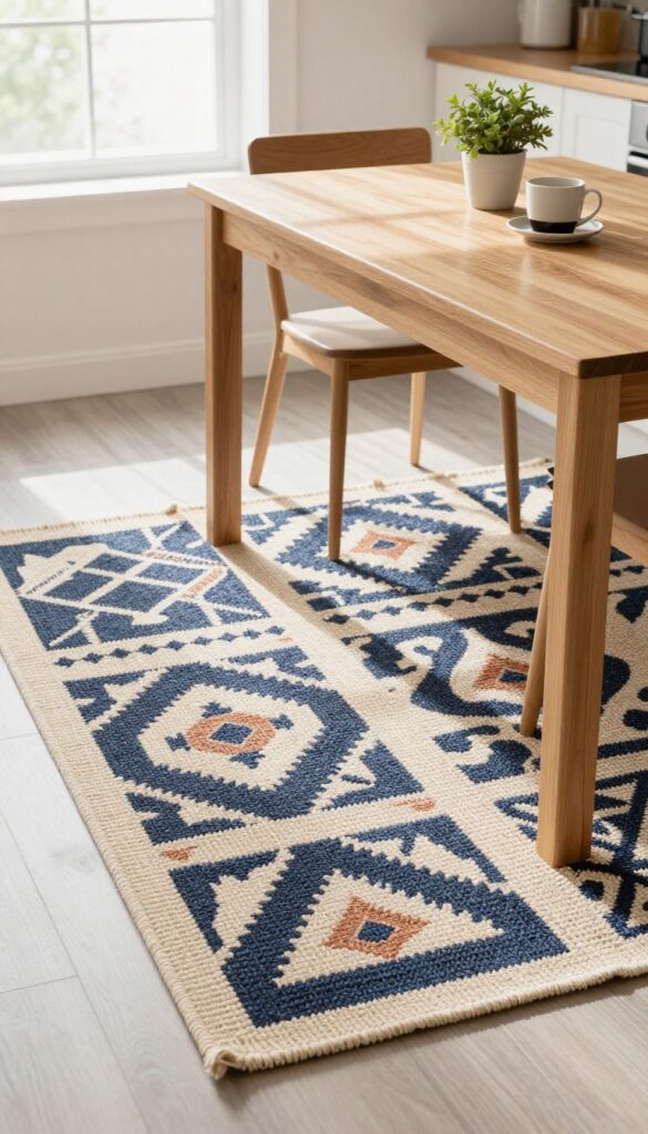Patterned rug under a small kitchen table with chairs, hiding wear in a bright natural light setting.