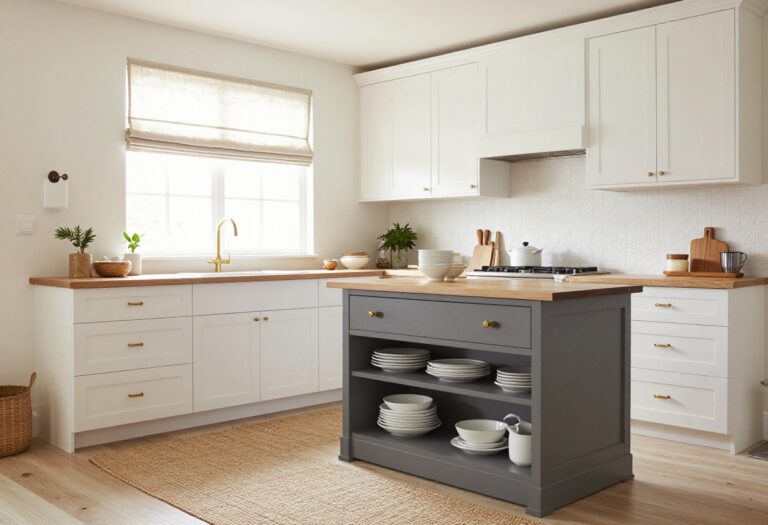 White and grey kitchen with warm wood accents and natural light
