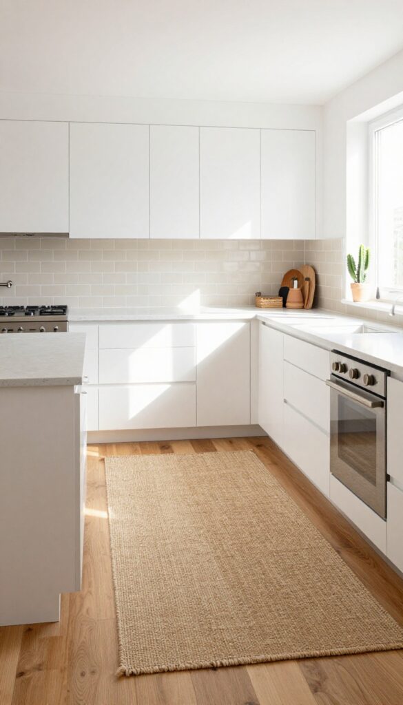 Light and airy kitchen with white cabinets, quartz countertop, and a large natural jute runner on wood floor in front of sink and stove.