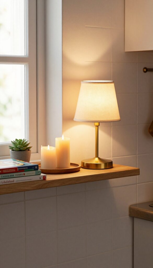 Kitchen shelf with small lamp and battery-operated candles creating warm lighting