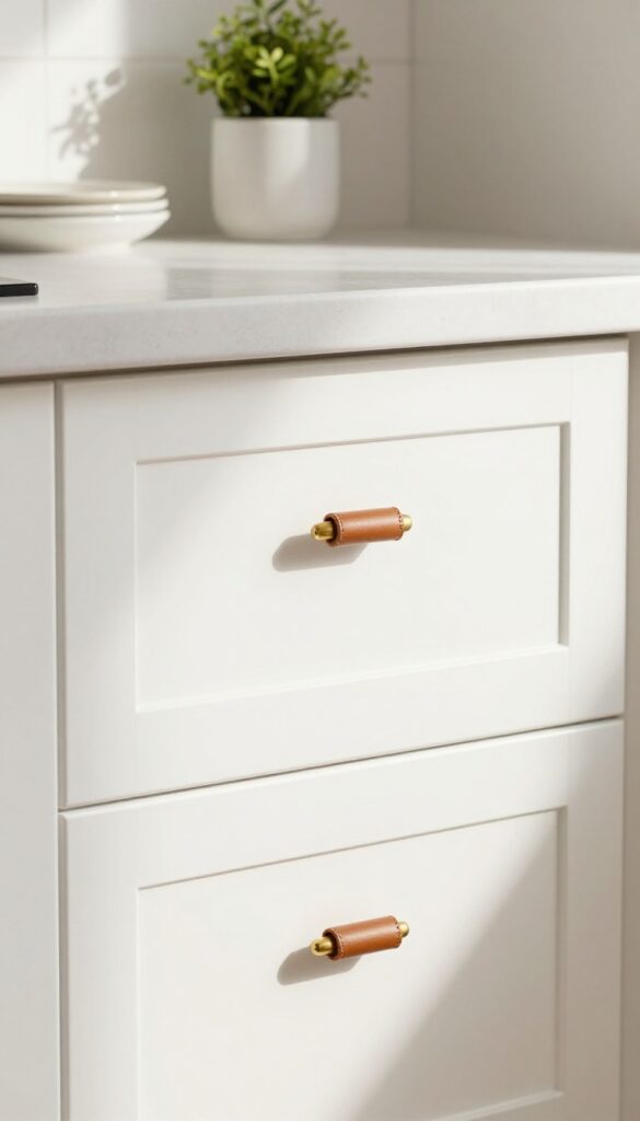 Close-up of white IKEA cabinet with brass pull and leather tab drawer pull, bright natural light, cozy kitchen vignette.