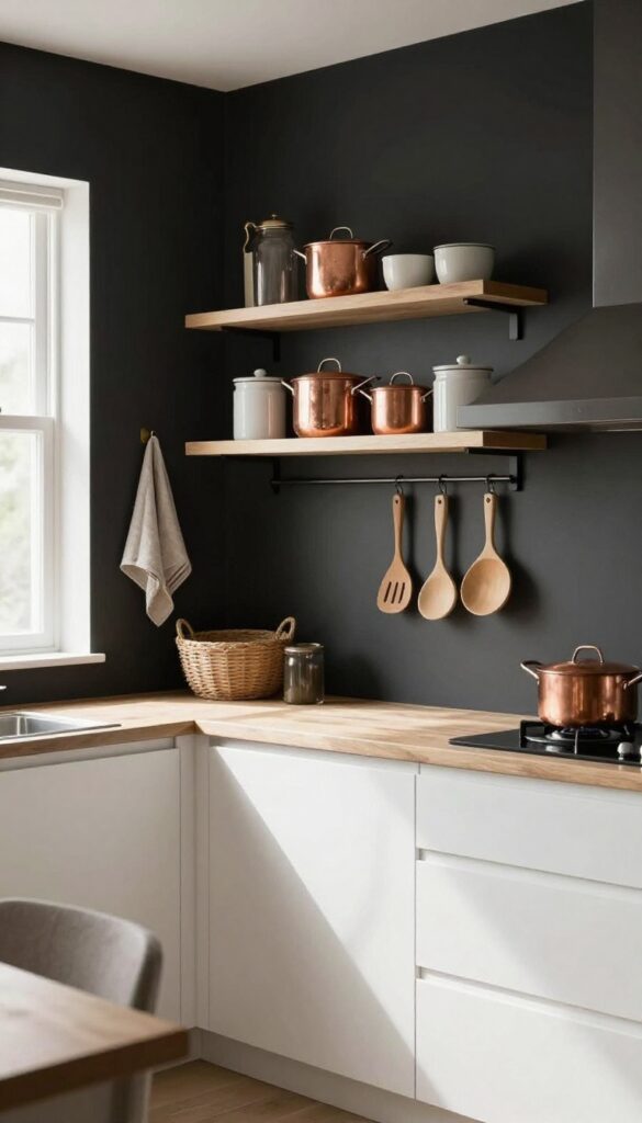 Modern kitchen with black accent wall and open shelving displaying cookware and utensils, white cabinets, butcher-block countertop, and natural light.