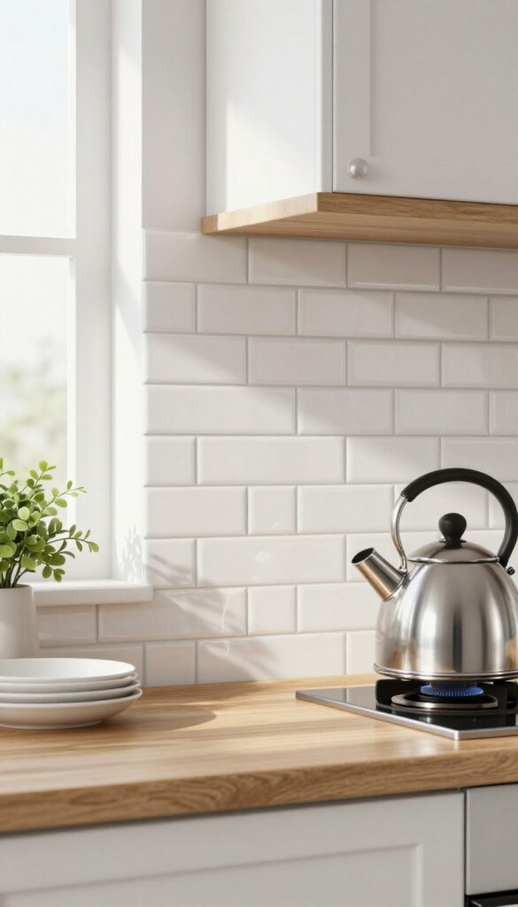 White subway tile herringbone backsplash behind a stove in a bright modern kitchen with open shelving