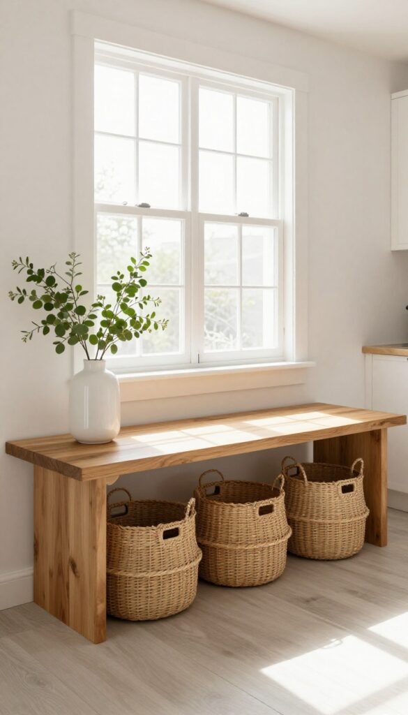 Bench seating with storage baskets underneath in a bright kitchen eating area