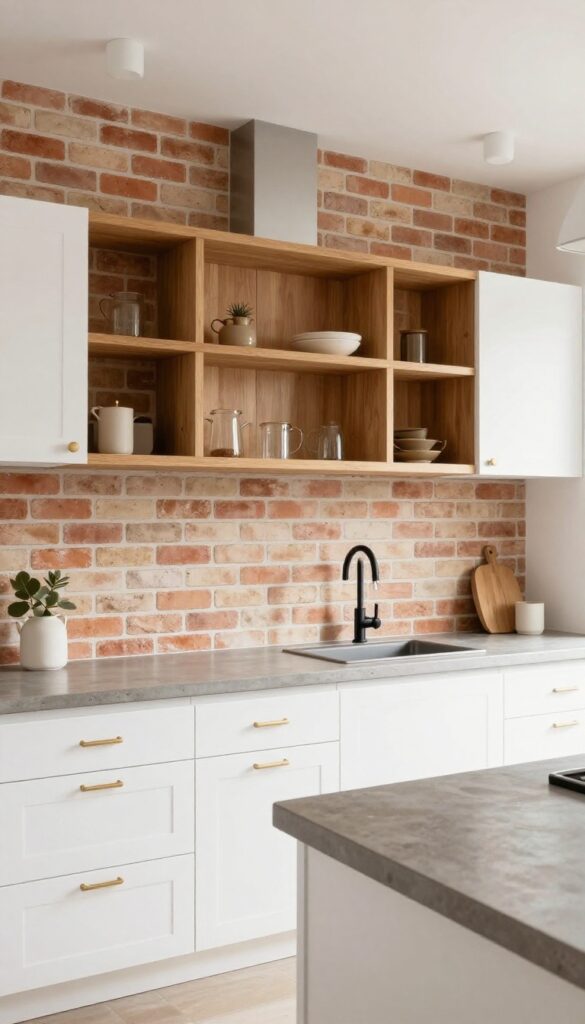 Modern kitchen with thin brick backsplash in soft terracotta and beige, white grout lines, white cabinets, warm wood shelves, brass hardware, and pendant lighting.