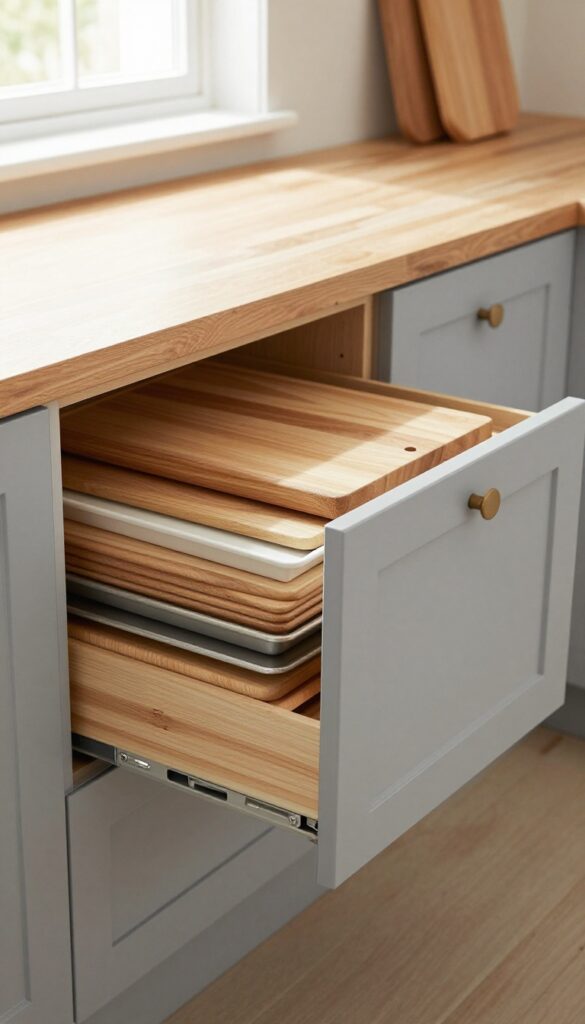 Angled corner drawers in a kitchen island, open to show organized baking sheets and trays, soft gray shaker style cabinets, natural light, clean composition.